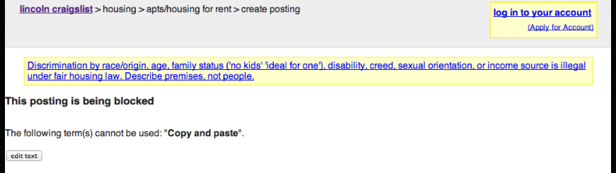 Craigslist Blocking Posts With Copy And Paste