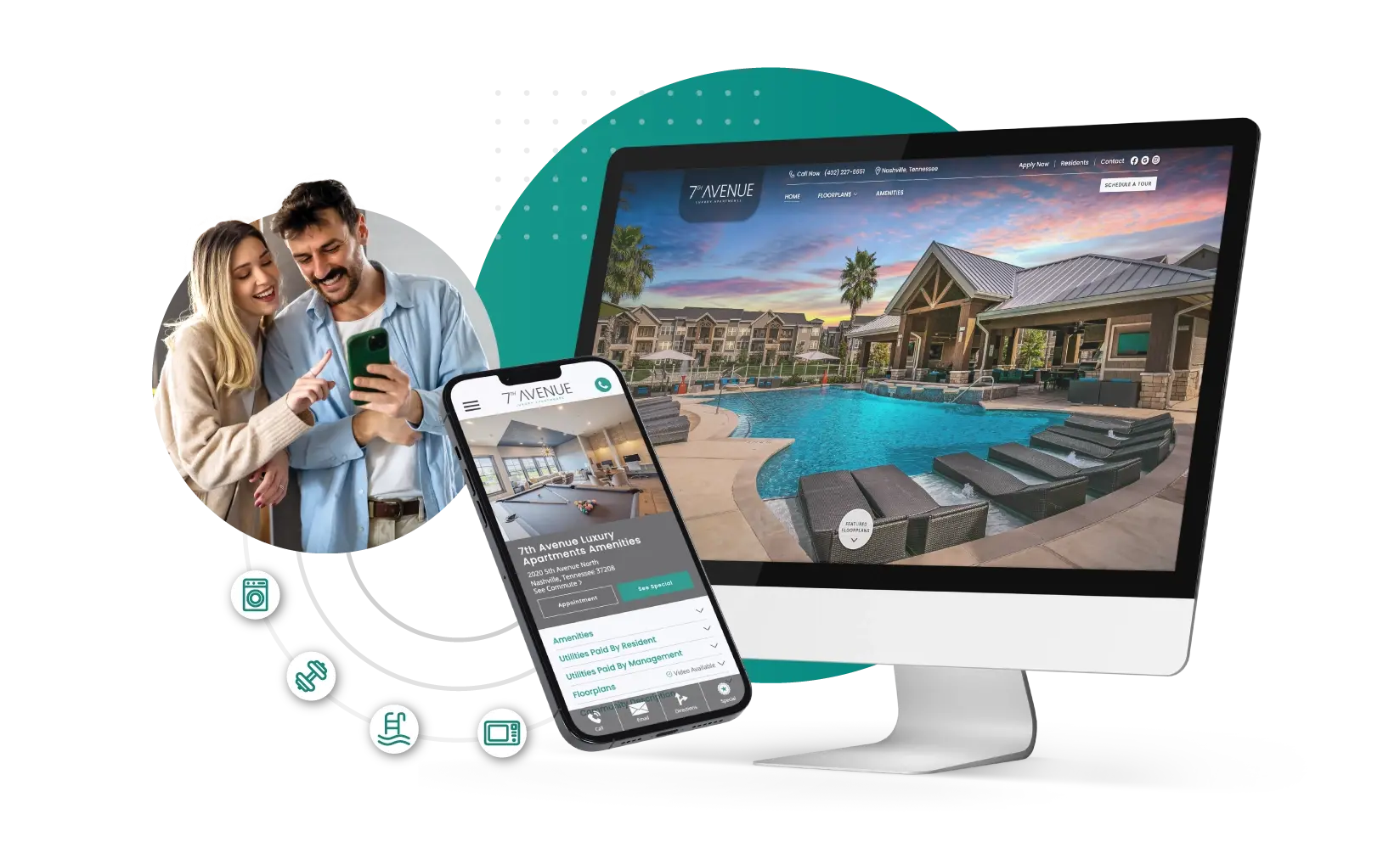 Desktop monitor and phone both displaying an apartment community website with a pool photo, beside a couple browsing listings together on a phone.