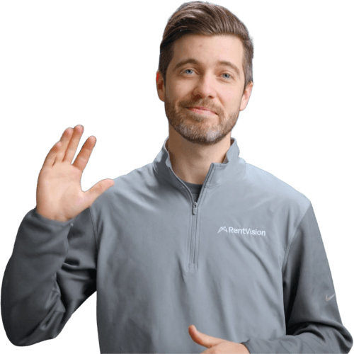 RentVision team member wearing a gray branded pullover waiving and smiling