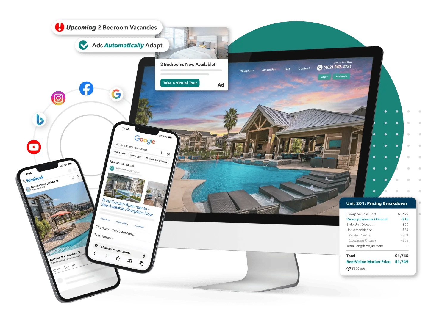 Multi-device mockup showing RentVision's property advertising platform. A desktop monitor displays a luxury apartment complex, featuring a website with rental information and call-to-action buttons. Two smartphones beside it show Facebook and Google listings with RentVision ads.