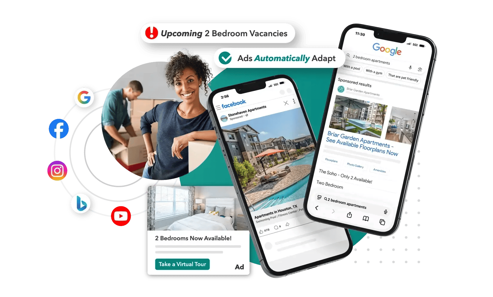 RentVision's adaptive advertising platform displaying apartment listings automatically optimized across Google, Facebook, Instagram, Bing, and YouTube channels on mobile devices.