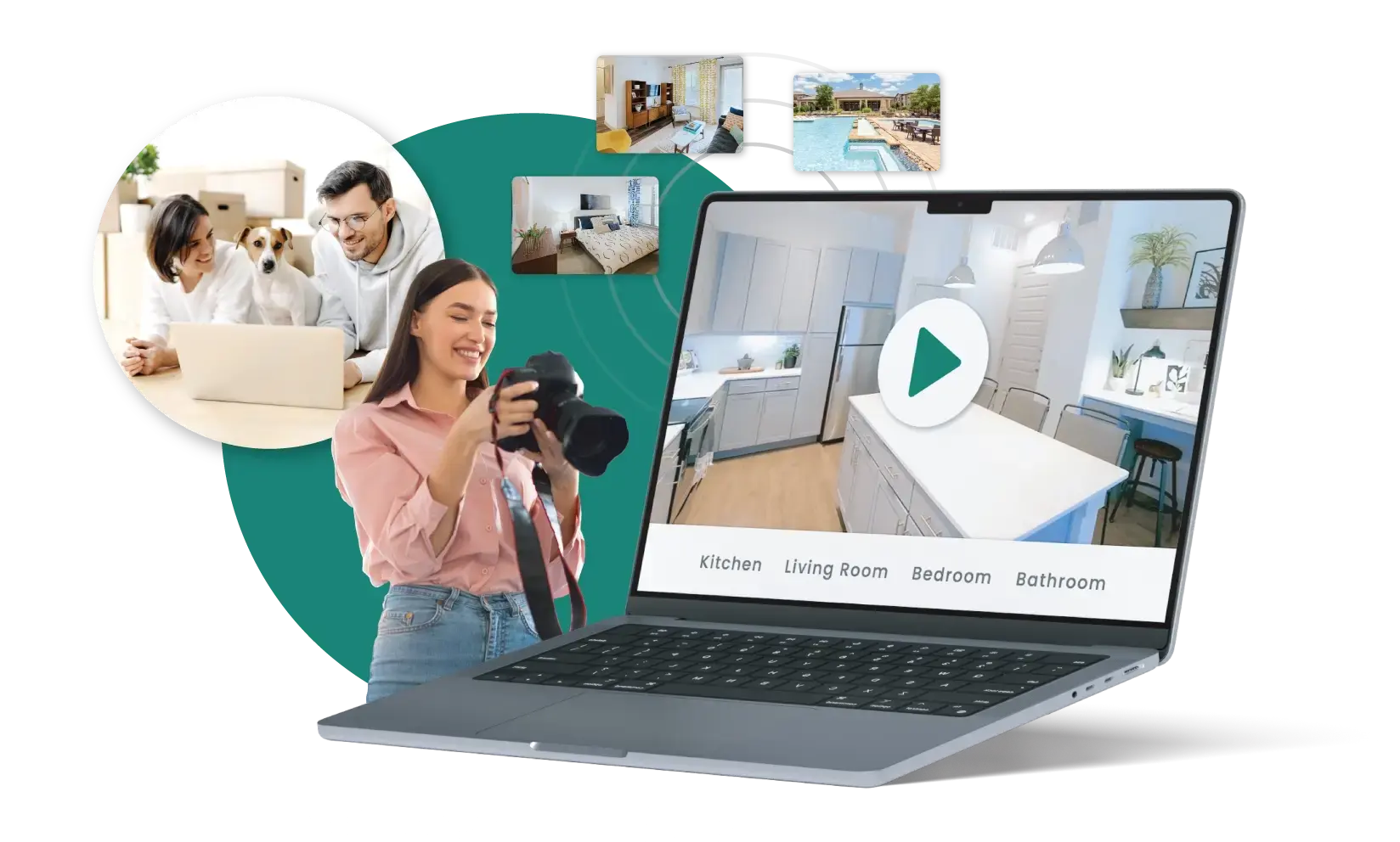 Laptop playing a virtual tour of an apartment living room, surrounded by a photographer with a camera, a couple browsing listings on a laptop, and thumbnails of a pool, bathroom, and bedroom.