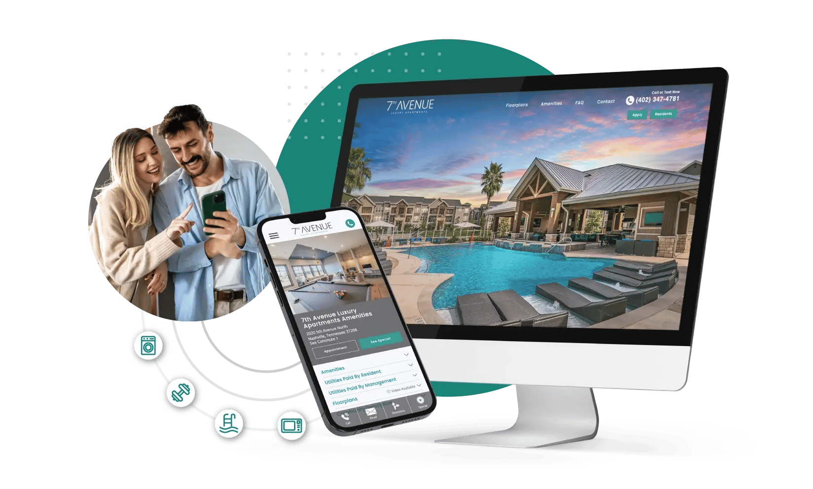 Desktop monitor and phone both displaying an apartment community website with a pool photo, beside a couple browsing listings together on a phone.
