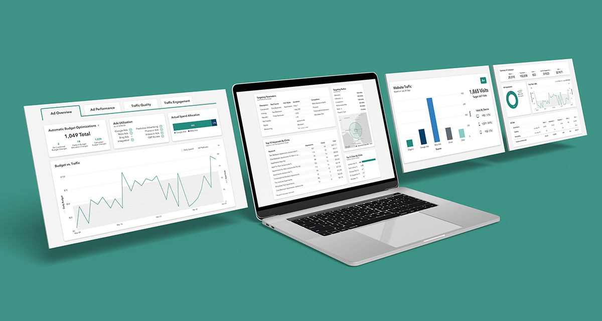Laptop displaying a marketing analytics dashboard, surrounded by floating report panels showing ad performance, traffic quality, engagement metrics, and website traffic charts against a teal background.