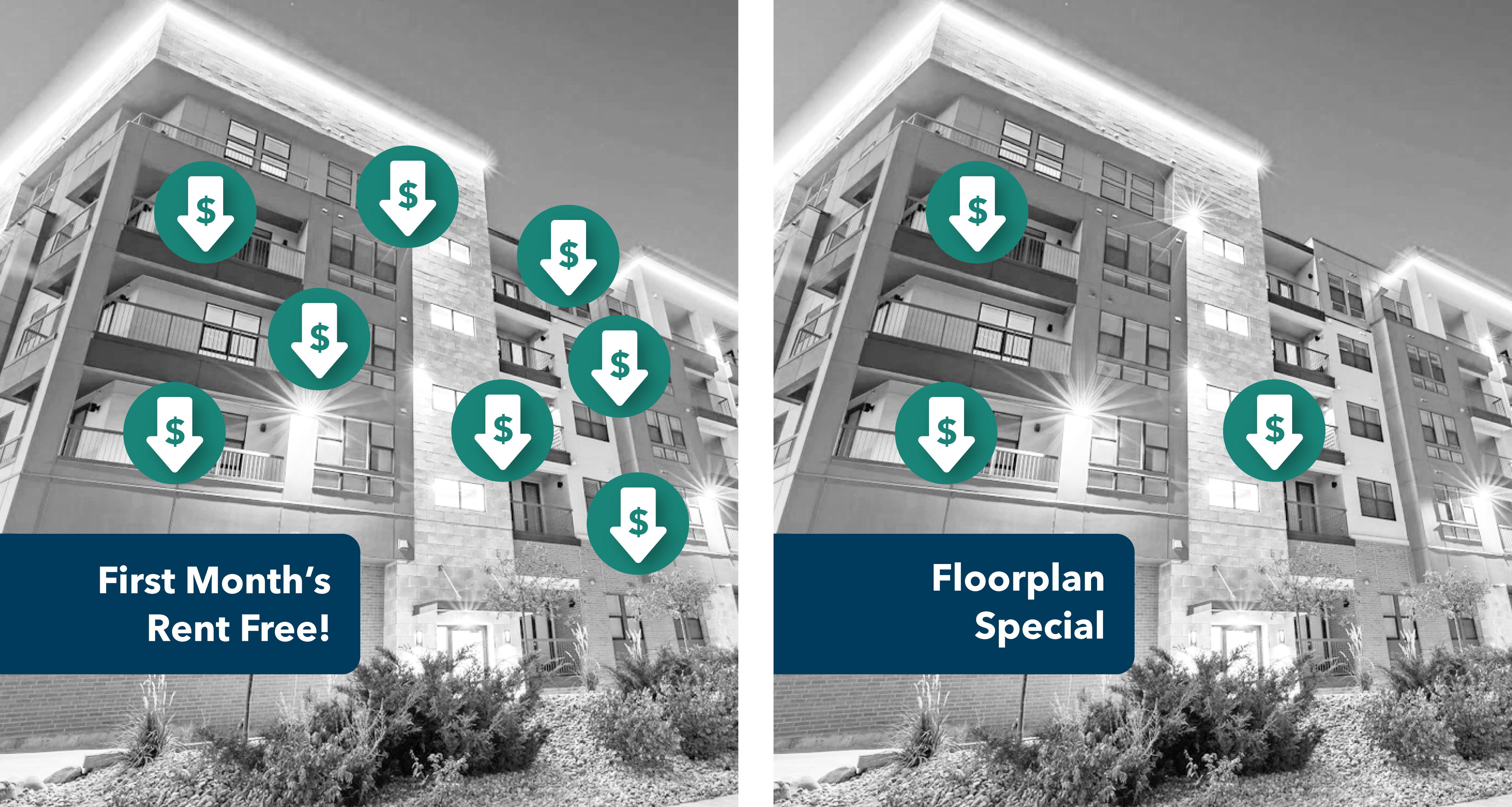 Side-by-side comparison graphic of an apartment building showing many units marked with dollar-down icons under a “First Month’s Rent Free” community-wide special versus fewer targeted units marked under a “Floorplan Special,” illustrating broad discounts compared to floorplan-specific pricing.