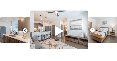 Overlapping photos of an apartment living room, kitchen, and bedroom fanned out like a gallery.