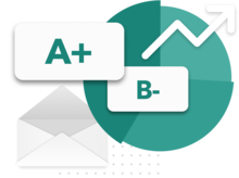 A report card marked A+ beside a rising performance chart.