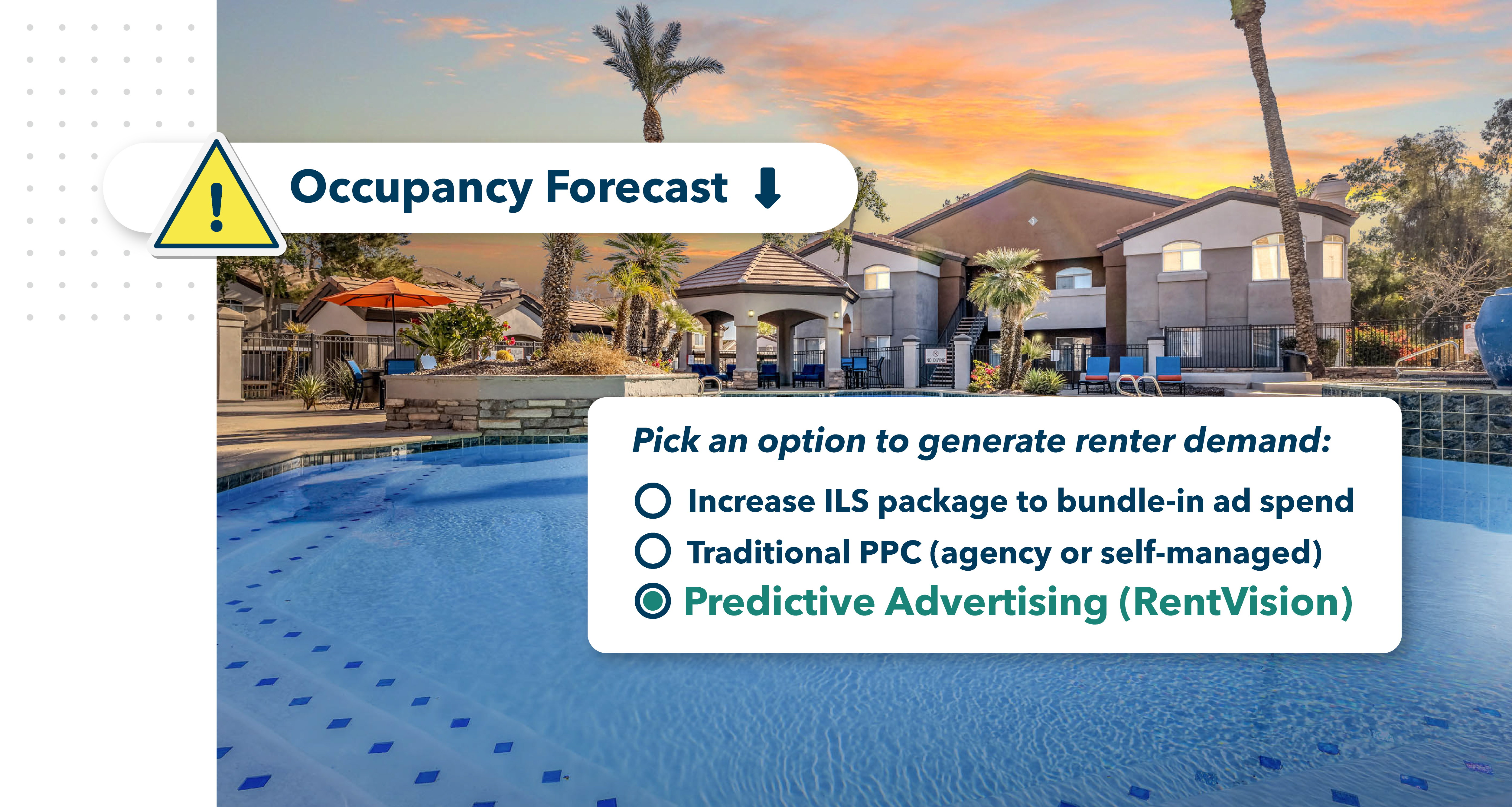 Graphic of a luxury apartment community pool at sunset with palm trees and clubhouse in the background. Overlay text reads “Occupancy Forecast” with a downward arrow and warning icon. A callout box says “Pick an option to generate renter demand:” followed by three radio-button choices: “Increase ILS package to bundle-in ad spend,” “Traditional PPC (agency or self-managed),” and “Predictive Advertising (RentVision),” with Predictive Advertising selected.