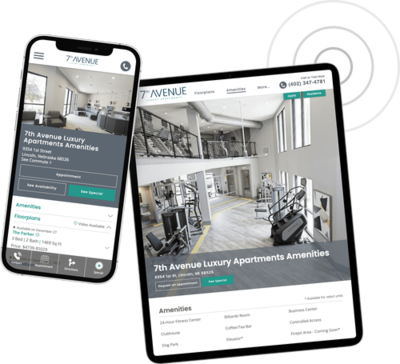 One phone and one tablet displaying an apartment community website, one showing a floorplan page and the other a photo gallery.