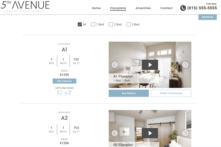 List of floorplans at an apartment community as featured on a website by RentVision.