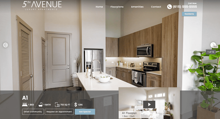 Example showing top of floorplan page as featured on a website by RentVision.