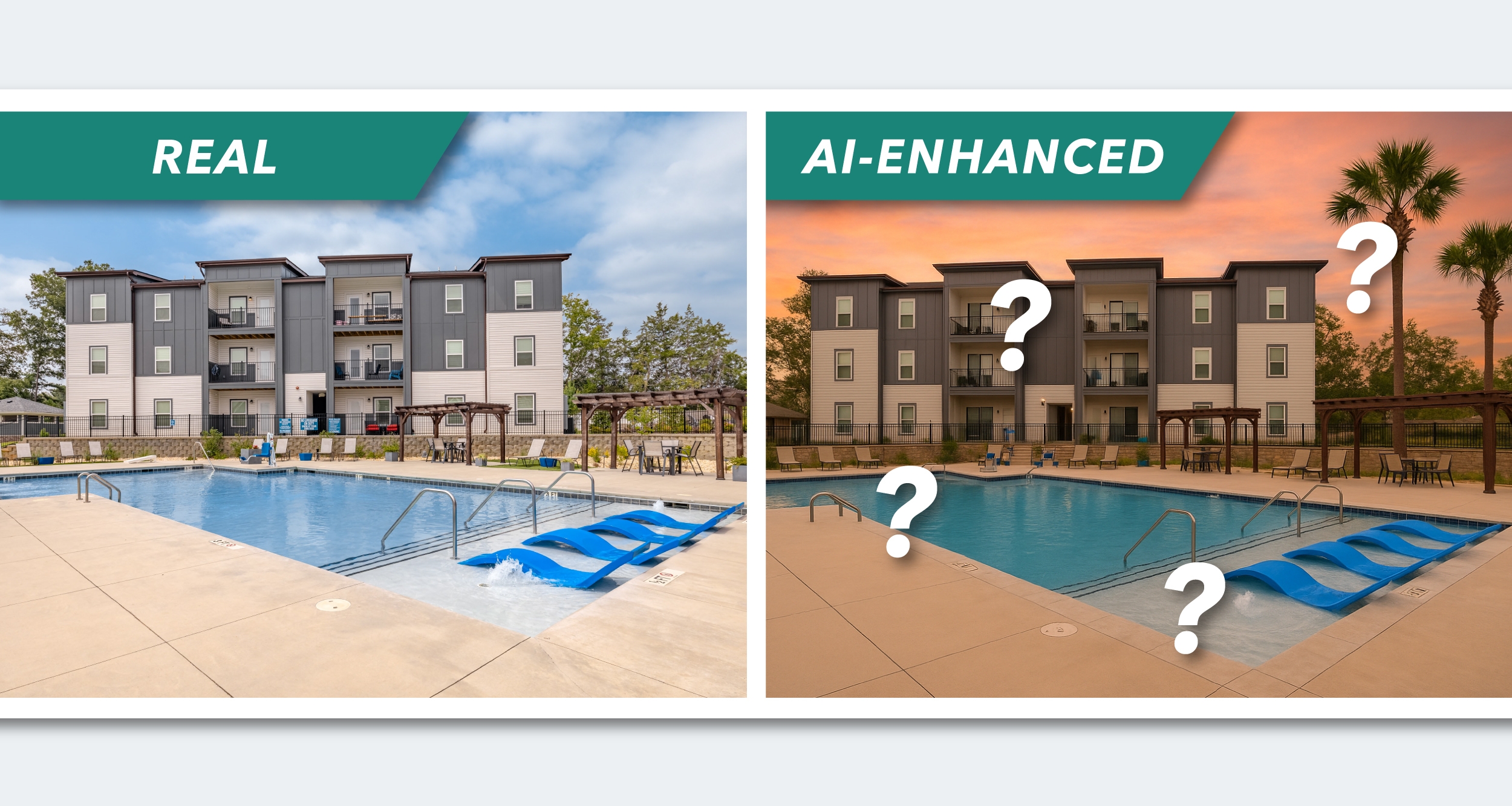 Side-by-side comparison of an apartment pool area showing a “Real” photo on the left and an “AI-Enhanced” version on the right. The real image features a bright daytime sky, modern three-story apartment building, and poolside chairs. The AI-enhanced version has a dramatic orange sunset sky, added palm trees, and slightly warmer lighting. Large question marks highlight areas where AI-generated changes may have been made.