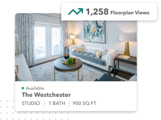 A floorplan listing for The Westchester studio with a photo of the unit, tagged with 1,258 floorplan views and a rising trend arrow.