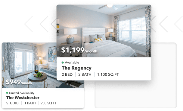Two floorplan listing cards with arrows on either side showing them reorder — The Regency at $1,199 for a two-bedroom, and The Westchester, a one-bedroom.