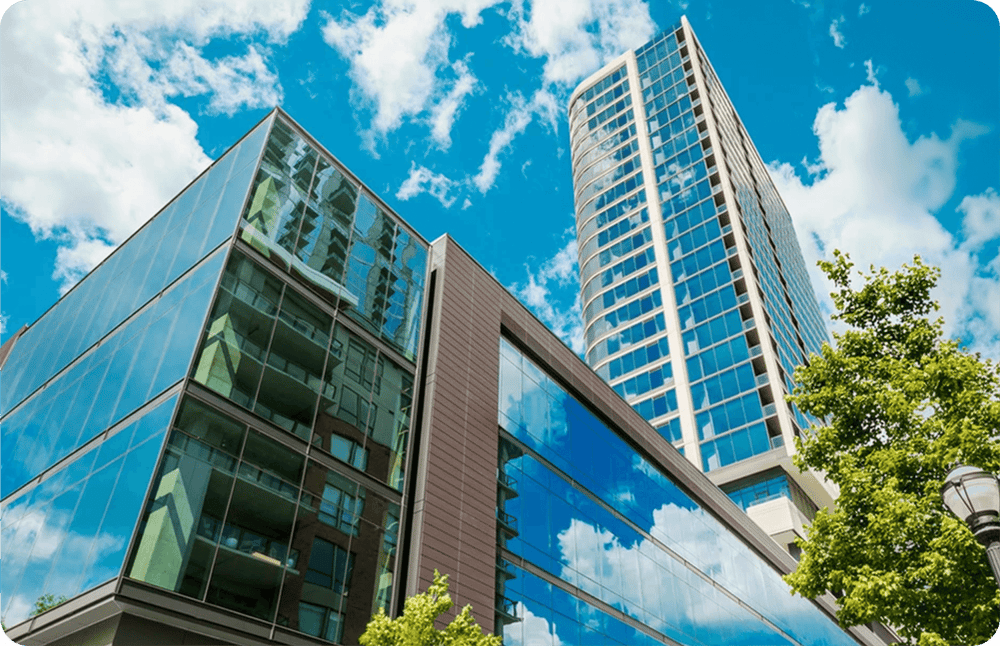 Exterior shot of large, A-class apartment buildings