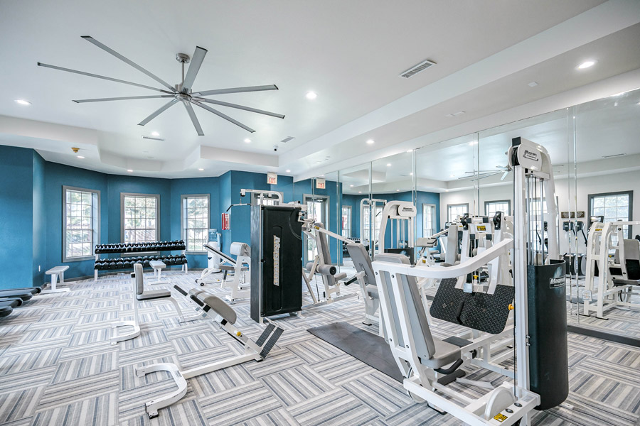 Bright fitness center with cardio machines and weight equipment along a wall of windows.