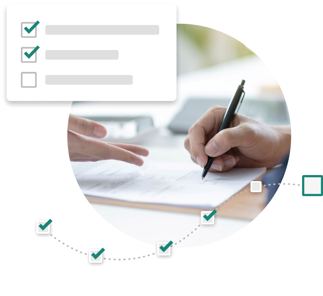 A checklist with items checked off beside a hand signing a lease.