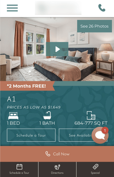 Screenshot of a RentVision apartment community website mobile view showing a one-bedroom floorplan page. The hero image features a cozy bedroom with natural light, rust-colored curtains, and a modern upholstered bed. Text below advertises “2 Months Free,” pricing starting at $1,649, and floorplan details of 1 bed, 1 bath, 684–777 sq. ft., with buttons to schedule a tour or view availability.