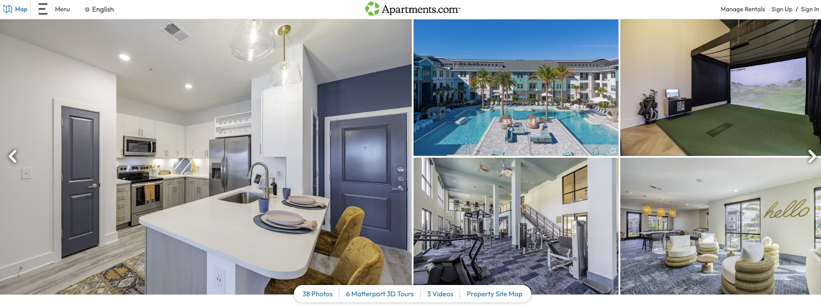 A screenshot of an Apartments.com ILS listing with a photo collage showing amenities and interiors of a luxury apartment community, including a bright modern kitchen with bar seating, a resort-style pool lined with palm trees, an indoor golf simulator, a spacious fitness center with high ceilings, and a stylish clubhouse lounge with gold light fixtures and modern seating.