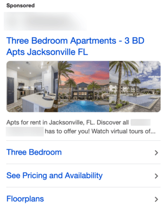 Screenshot of a Google search ad featuring three thumbnail photos: a modern kitchen with white cabinets and granite counters, a palm-lined pool area at sunset, and a resort-style outdoor lounge. The listing highlights three-bedroom apartments in Jacksonville, Florida, with links for pricing, availability, and floorplans.