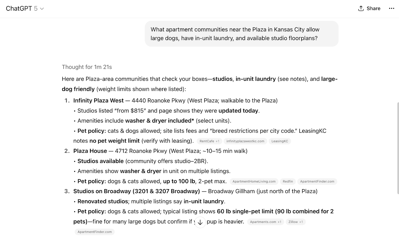 Image of ChatGPT response about apartment search