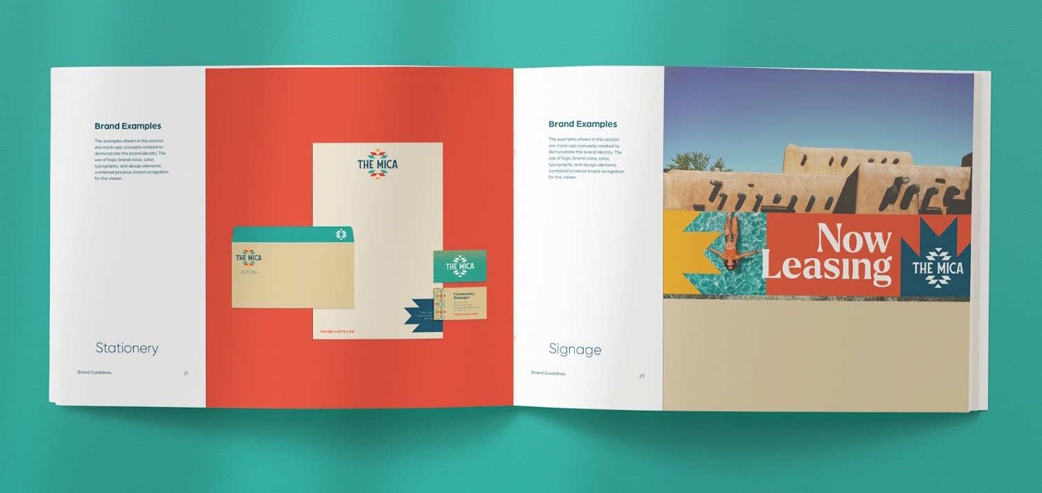 Apartment brand guide booklet featuring brand images, logos, brand language, and brand colors.