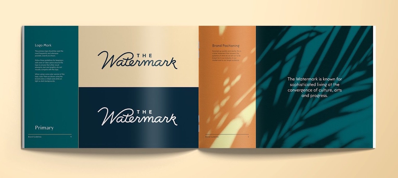 Apartment brand guide booklet featuring apartment logos and brand colors.