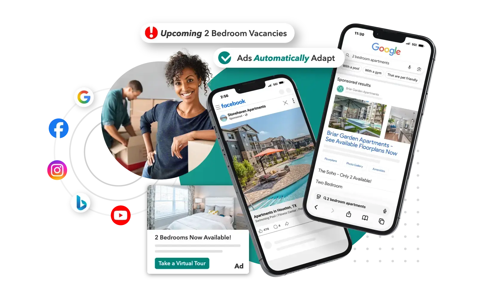 RentVision's adaptive advertising platform displaying apartment listings automatically optimized across Google, Facebook, Instagram, Bing, and YouTube channels on mobile devices.