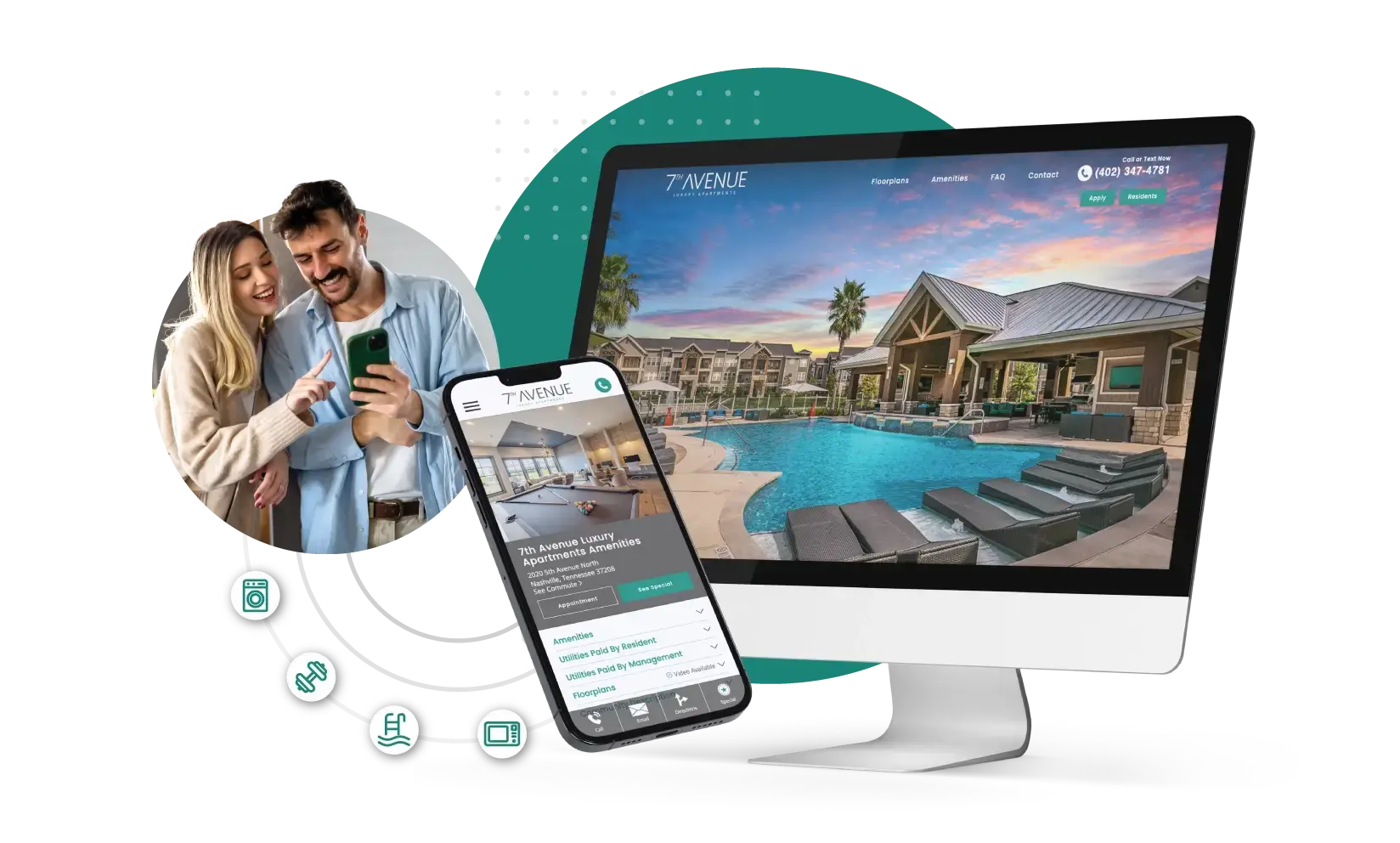 RentVision website builder showcasing '7th Avenue' apartments on responsive desktop and mobile layouts with property showcase and amenities.