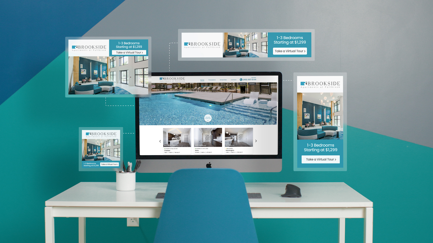 Collage of images showing various digital ads for an apartment community surrounding a computer showing the homepage of the community's website.