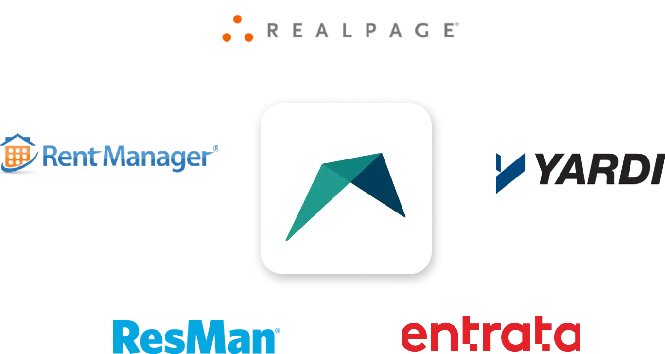 Logos of RentVision's integration partners including RealPage, Yardi, Entrata, Resman, and RentManager