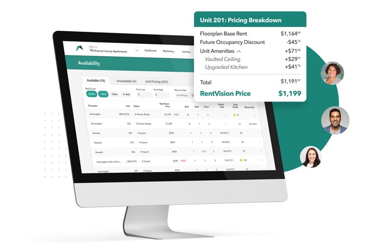 Desktop computer screen showing a Leasing Availability screen for apartment operators. On top of the screen is a precise unit pricing breakdown showing all the factors that go into a unit's final price.