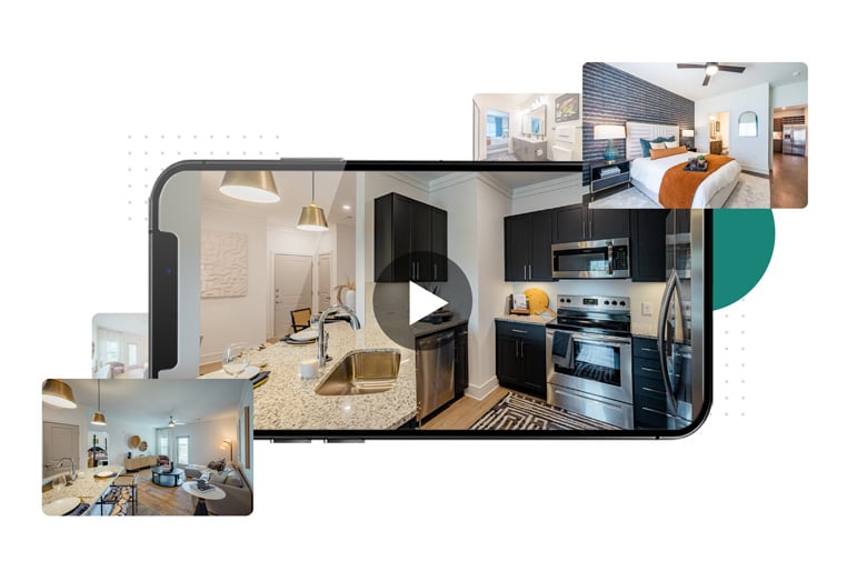 Collage of mobile phone mockup displaying a walkthrough video tour, surrounded by other images of the inside of a beautiful apartment unit.