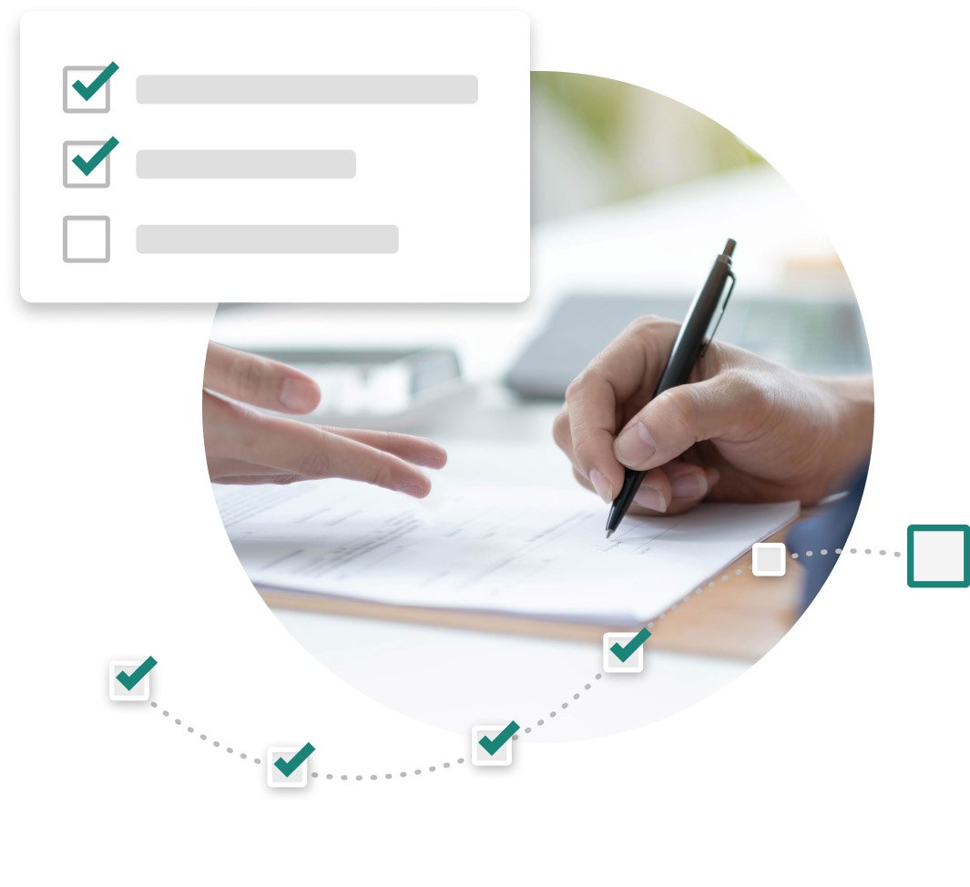 Image of a person signing a lease overlaid with checkboxes indicating the applicant's progress.