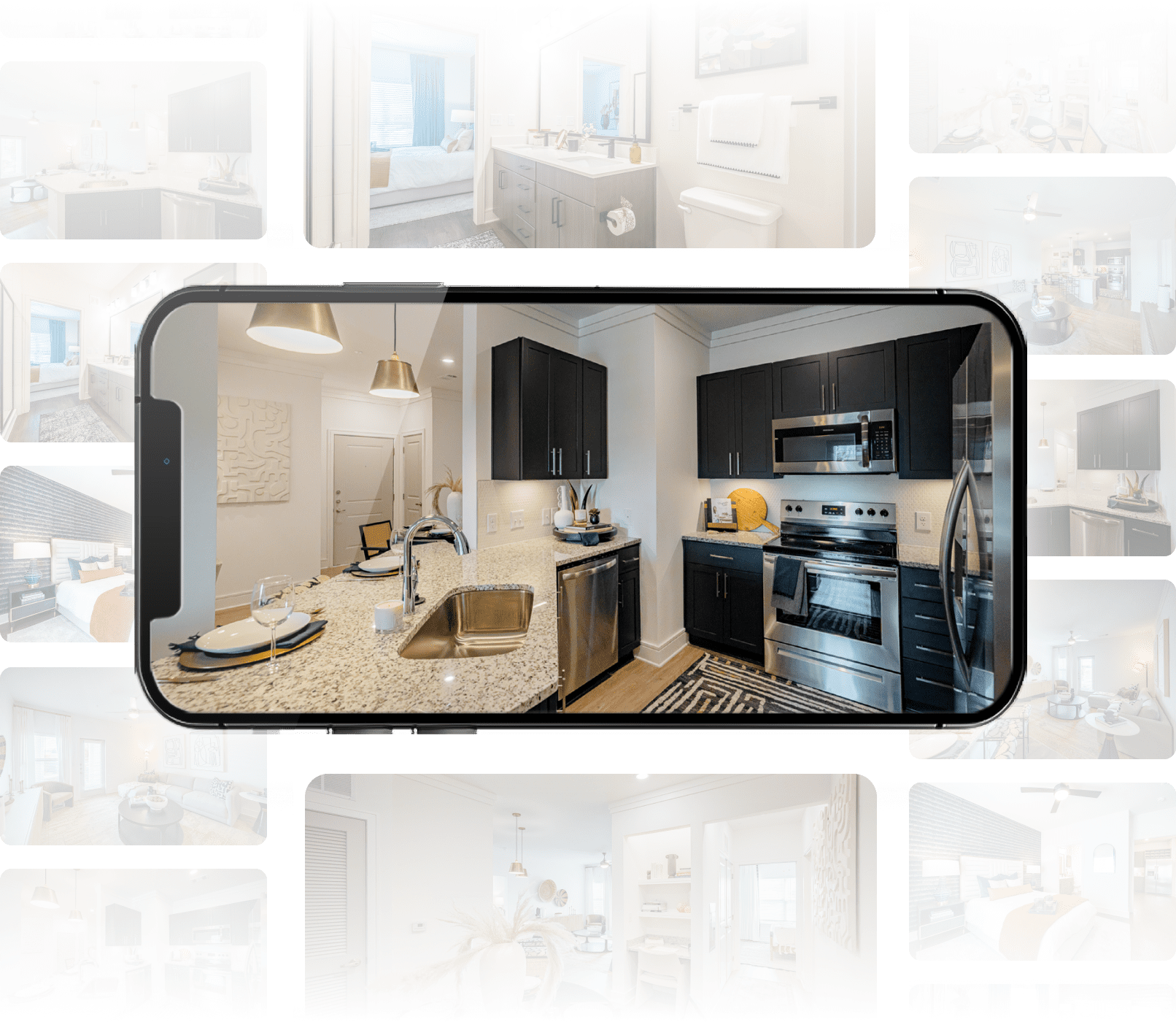 Collage of photos from apartment units with a mobile device highlighting a kitchen image.
