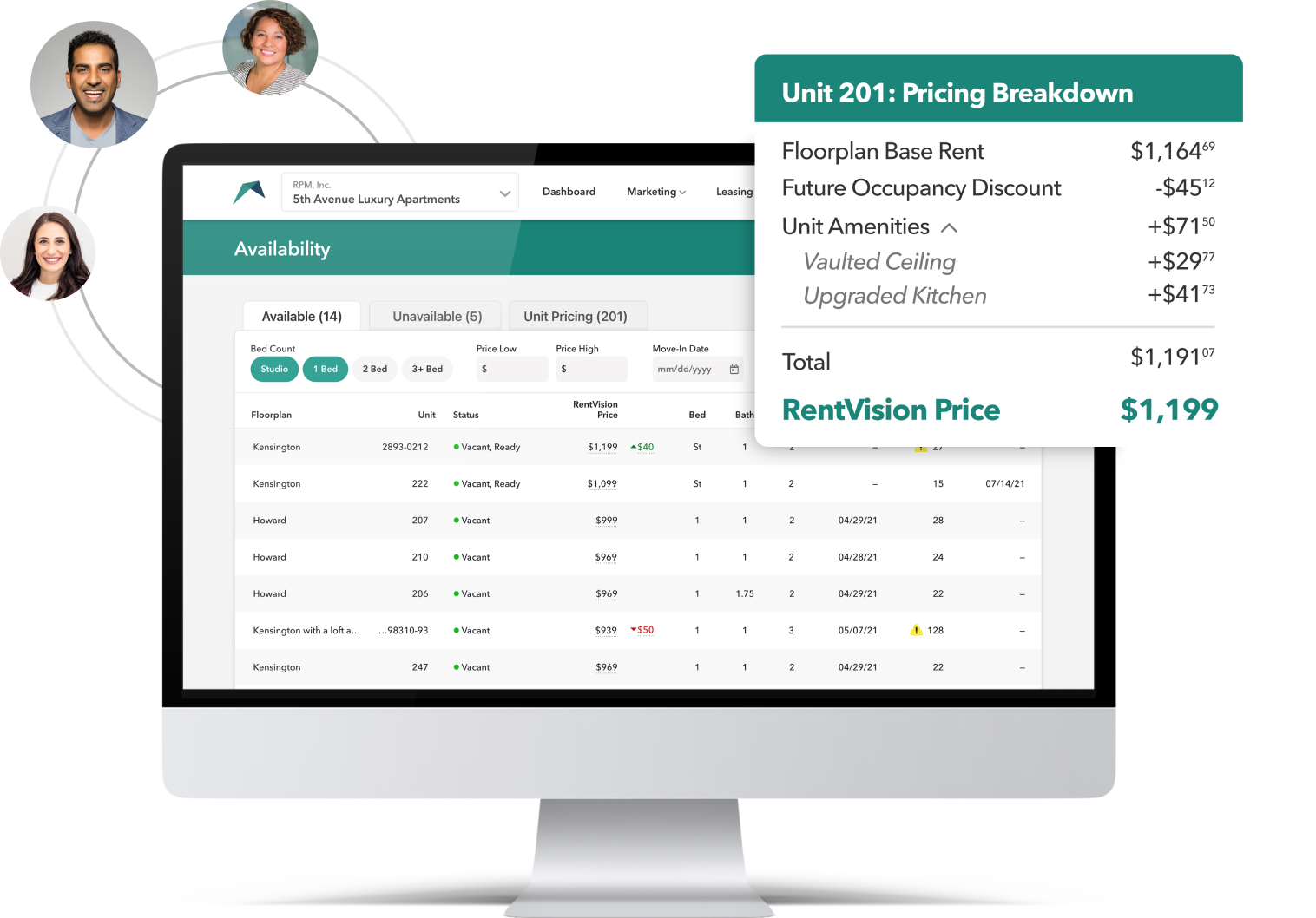 Listing of availabile units with a specific pricing breakdown for unit 201.