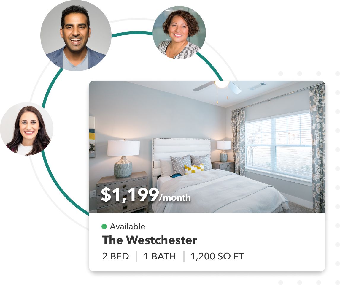 Image of a community floorplan with details like price and configuration surrounded by three images of staff members.
