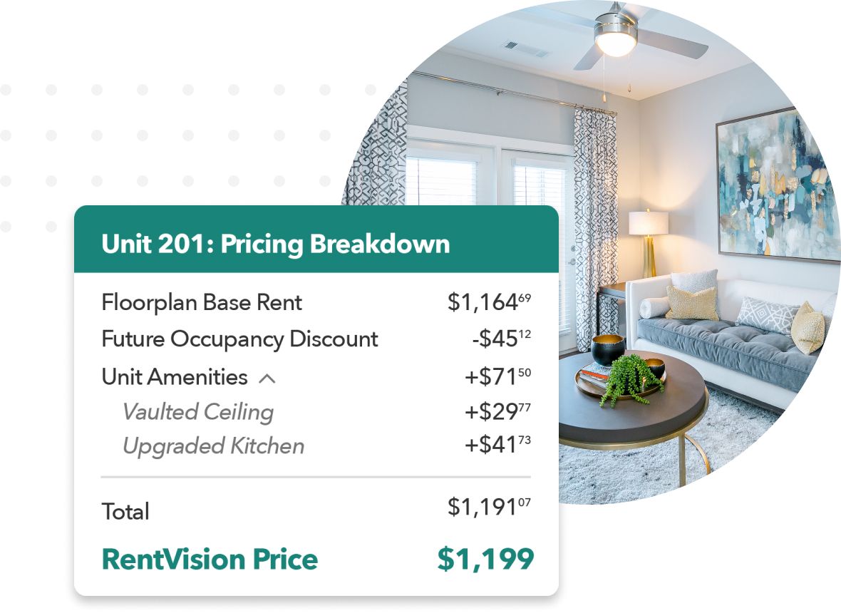 Unit pricing breakdown with a picture of a furnished unit in the background.