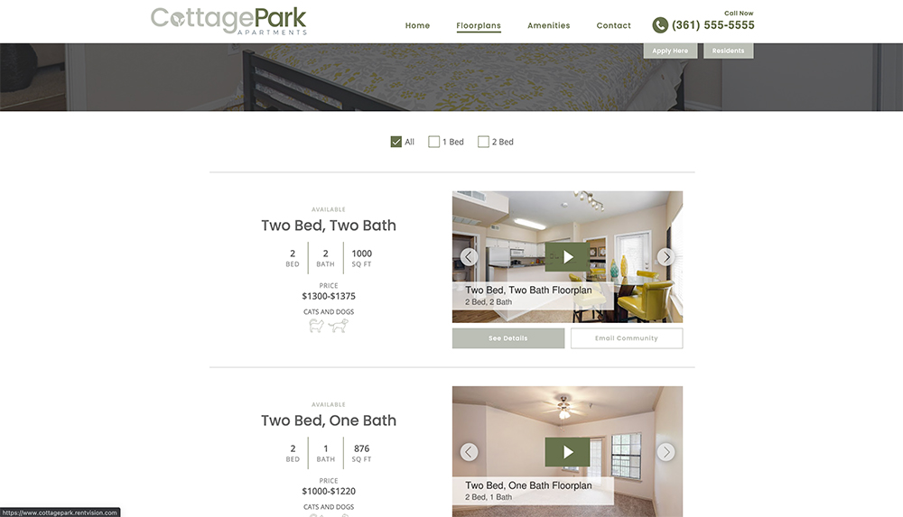 Website page with list of floorplans at apartment community
