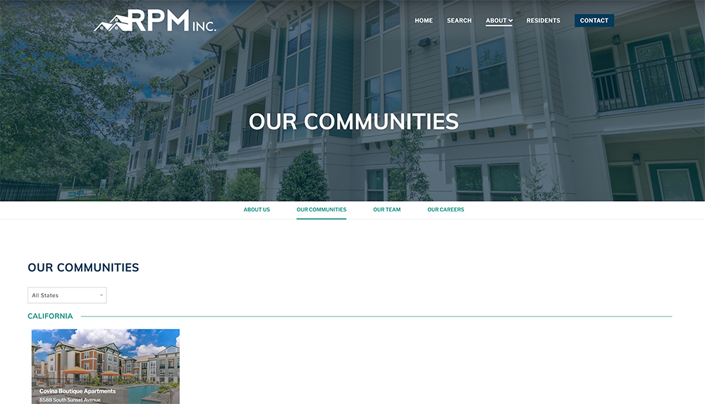 List of apartment communities page on corporate website